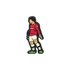 A Soccer Croc Charm depicting a stylized cartoon soccer player wearing a red long-sleeved jersey, white shorts, and green-soled shoes.