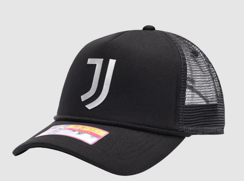 A black Juventus Athmosphere Trucker Hat featuring a silver stylized "J" logo on the front crown, mesh back panels, and a curved brim.