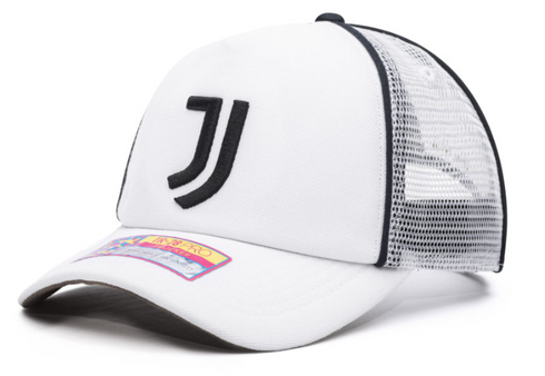 A Juventus Cali Day Trucker Hat featuring a white front and brim with an embroidered black "J" logo, paired with black mesh back panels.