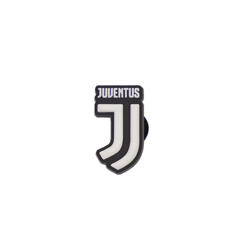 A black and white Juventus Soccer Croc Charm featuring the football club's stylized "J" logo and wordmark.