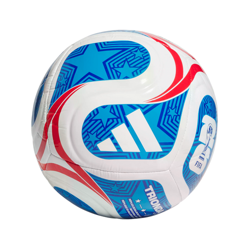 White, red, and blue Adidas soccer ball featuring geometric star patterns, the word "TRIONDA," and a FIFA World Cup logo.
