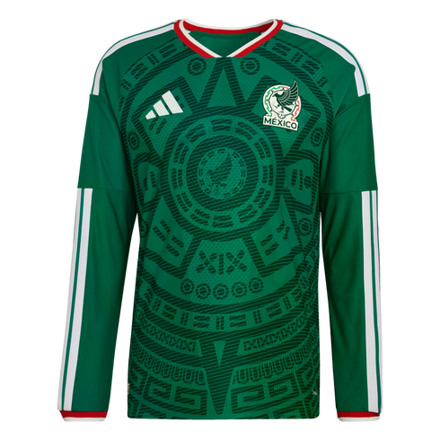 Long-sleeved green Mexico national team jersey with an intricate Aztec-inspired pattern, white Adidas stripes, and the team crest on the chest.