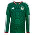 Long-sleeved green Mexico national team jersey with an intricate Aztec-inspired pattern, white Adidas stripes, and the team crest on the chest.