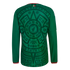 Back view of a green Mexico soccer jersey featuring a detailed dark green Aztec-inspired pattern on the back and red and white trim on the cuffs.
