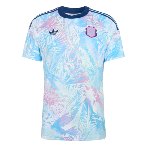 Light blue Adidas soccer jersey with a pink and blue feather pattern, navy collar and stripes, and a pink "CR" crest on the left chest.