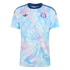 Light blue Adidas soccer jersey with a pink and blue feather pattern, navy collar and stripes, and a pink "CR" crest on the left chest.