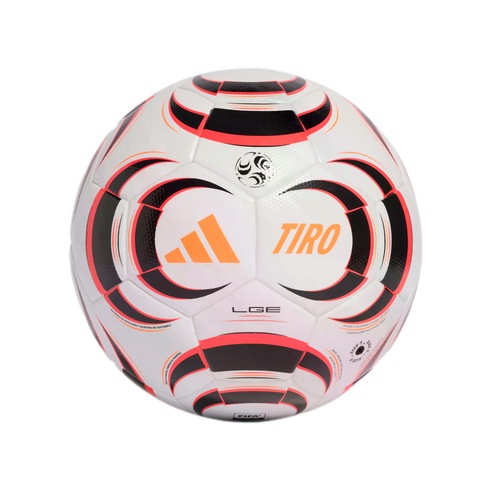 An Adidas Tiro LGE soccer ball with a white surface, black and red curved graphics, and orange Adidas and "TIRO" logos.