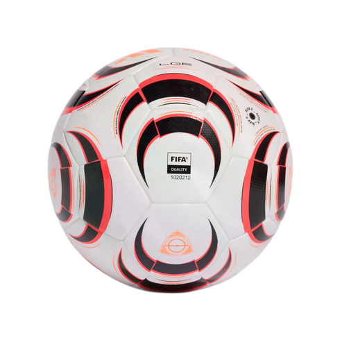 White soccer ball featuring black and coral curved graphic patterns and a FIFA Quality seal.