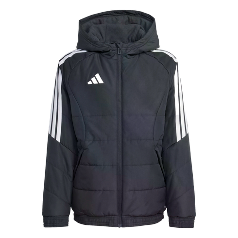 A black Adidas hooded puffer jacket with white stripes on the shoulders and sleeves, a full-zip front, and horizontal quilting.