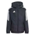 A black Adidas hooded puffer jacket with white stripes on the shoulders and sleeves, a full-zip front, and horizontal quilting.