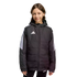 A young person wearing a black Adidas puffer jacket with white stripes on the sleeves and a logo on the chest, standing against a solid black background.