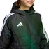 A close-up of a person wearing a black Adidas puffer jacket with white three-stripes on the sleeves and a white logo on the chest.