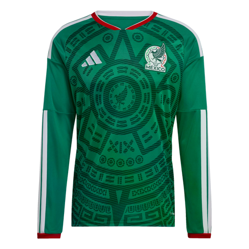 Long-sleeved green Mexico soccer jersey featuring dark green Aztec-inspired patterns, white stripes on the sleeves, and the national team crest.
