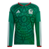 Long-sleeved green Mexico soccer jersey featuring dark green Aztec-inspired patterns, white stripes on the sleeves, and the national team crest.