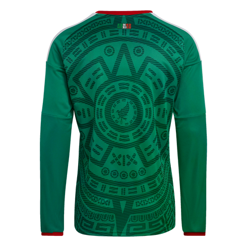 Back of a green long-sleeved Mexico soccer jersey featuring an intricate tonal Aztec-style sun stone pattern, white shoulder stripes, and red trim.
