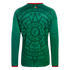 Back of a green long-sleeved Mexico soccer jersey featuring an intricate tonal Aztec-style sun stone pattern, white shoulder stripes, and red trim.