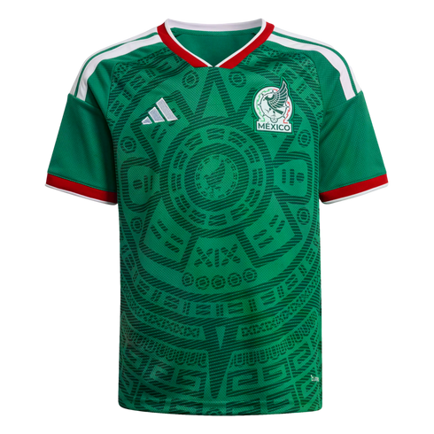Green Mexico soccer jersey featuring an intricate Aztec graphic, white shoulder stripes, and red trim on the collar and cuffs. The team crest and Adidas logo are on the chest.