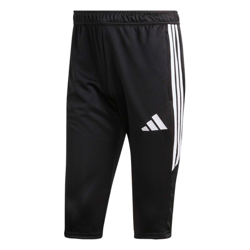 Black Adidas cropped athletic pants with three white side stripes and a white logo on the right thigh.