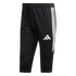 Black Adidas cropped athletic pants with three white side stripes and a white logo on the right thigh.