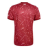 Back view of a red short-sleeved sports jersey with an all-over white pattern of diagonal lines and triangles. A small emblem with the number 97 is featured at the top center.
