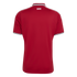 Rear view of a red short-sleeved jersey with white shoulder stripes and a striped collar featuring the word "UNITED" on the back neck.