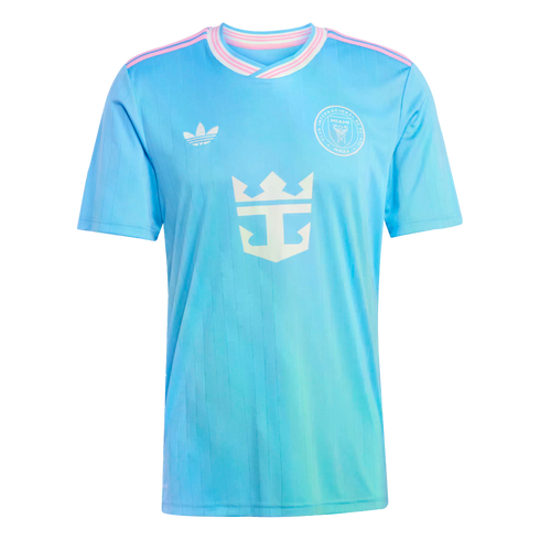 Inter Miami light blue soccer jersey with pink and white trim, featuring the Adidas logo, team crest, and a large Royal Caribbean sponsor logo in white.