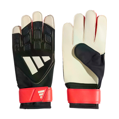 Adidas goalkeeper gloves with a black textured backhand, white palm, and red wrist strap, displayed against a black background.