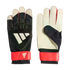 Adidas goalkeeper gloves with a black textured backhand, white palm, and red wrist strap, displayed against a black background.