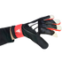 Hand wearing a black, red, and white Adidas goalkeeper glove with a textured grip, positioned against a solid black background.