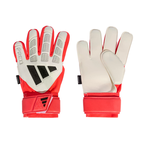 Red and white Adidas Predator goalkeeper gloves. The left shows the textured backhand with black stripes; the right shows the smooth white palm. Both feature red wrist straps.