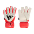 Red and white Adidas Predator goalkeeper gloves. The left shows the textured backhand with black stripes; the right shows the smooth white palm. Both feature red wrist straps.