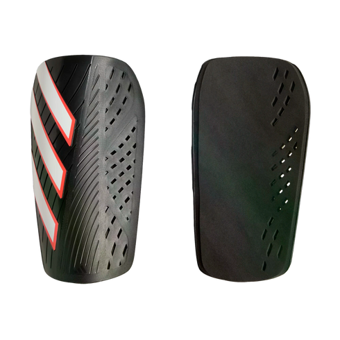 Front and back views of a black soccer shin guard with three white and red stripes on the front shell and a foam backing, shown against a black background.
