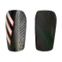 Front and back views of a black soccer shin guard with three white and red stripes on the front shell and a foam backing, shown against a black background.