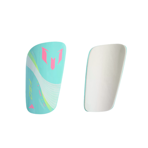 Light blue soccer shin guards with a pink Messi logo and lime green accents. One shows the exterior shell, while the other shows the white interior padding.