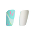 Light blue soccer shin guards with a pink Messi logo and lime green accents. One shows the exterior shell, while the other shows the white interior padding.