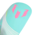 Close-up of a teal shin guard featuring a pink Lionel Messi logo and white graphic elements against a black background.