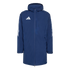 A long, navy blue Adidas hooded parka featuring three white stripes on the sleeves and a white Adidas logo on the chest.