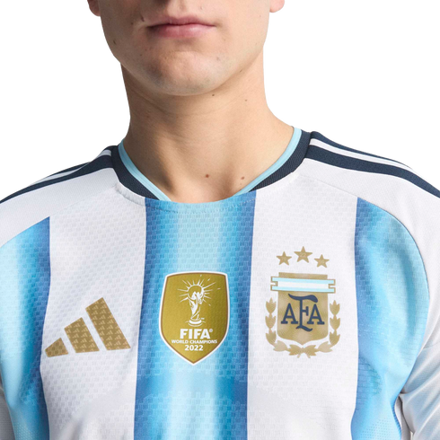 Close-up of Argentina's home jersey with light blue and white stripes, featuring the golden FIFA World Champions 2022 patch and the AFA crest with three stars.