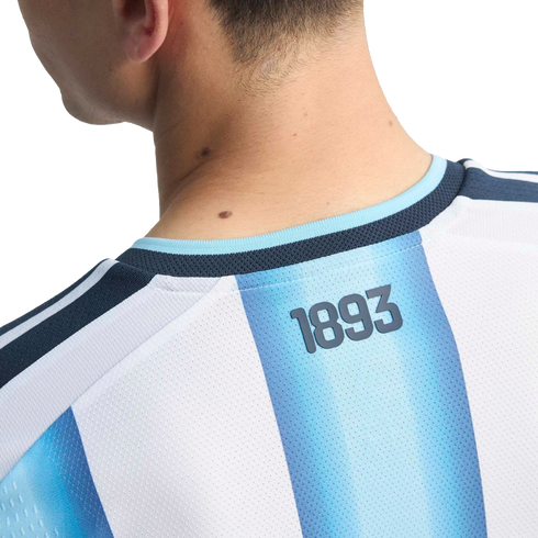 Close-up from behind of a person wearing a light blue and white striped jersey with the number "1893" printed just below the collar.