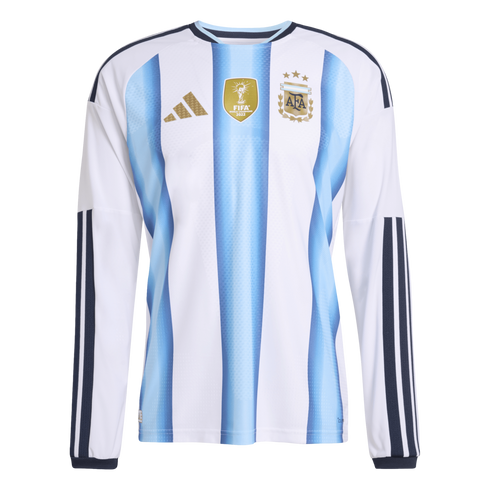 Long-sleeved Argentina home jersey with light blue and white vertical stripes, the gold FIFA World Champions 2022 patch, and the AFA crest with three gold stars.