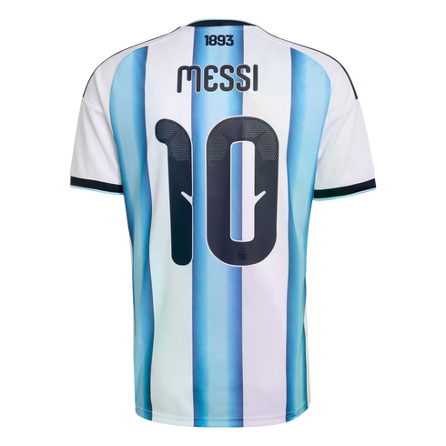Back view of an Argentina national football jersey with light blue and white stripes, featuring the name "MESSI" and the number "10" in dark navy print.