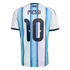 Back view of an Argentina national football jersey with light blue and white stripes, featuring the name "MESSI" and the number "10" in dark navy print.