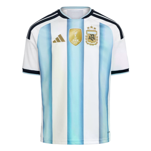 Argentina home football jersey with light blue and white vertical stripes, featuring gold FIFA World Champions 2022 badge, AFA crest with three stars, and gold Adidas logo.
