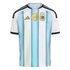 Argentina home football jersey with light blue and white vertical stripes, featuring gold FIFA World Champions 2022 badge, AFA crest with three stars, and gold Adidas logo.