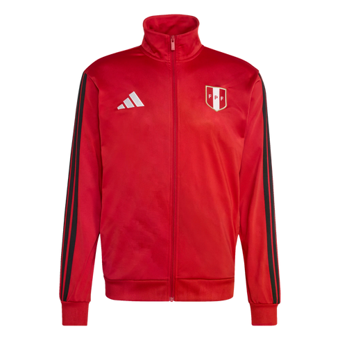 Red Adidas Peru national football team track jacket with black sleeve stripes and FPF crest.