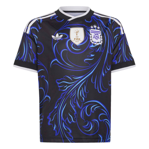 Black Argentina soccer jersey with blue filigree patterns. Includes the Adidas logo, central FIFA 2022 World Champions badge, and AFA crest with three stars.