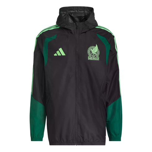 Black and green Adidas Mexico national football team hooded windbreaker with team crest and light green accents.