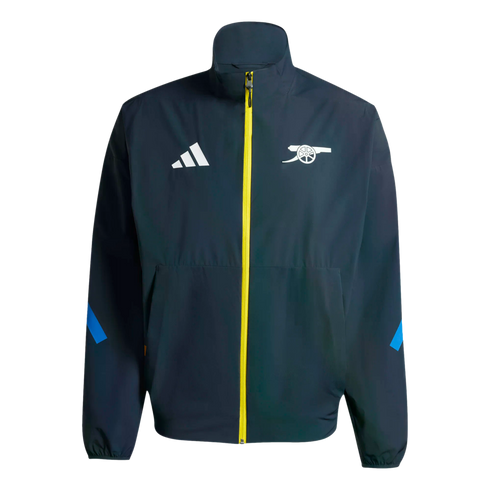 Navy blue Adidas windbreaker with a bright yellow zipper, white Adidas logo on the right chest, white Arsenal FC crest on the left, and blue accents on the sleeves.