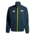 Navy blue Adidas windbreaker with a bright yellow zipper, white Adidas logo on the right chest, white Arsenal FC crest on the left, and blue accents on the sleeves.