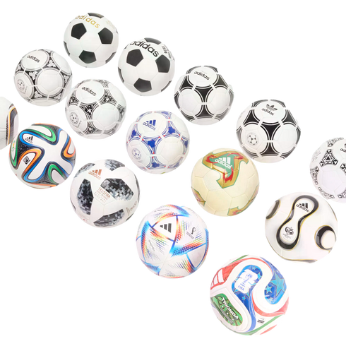 A collection of various Adidas FIFA World Cup official match balls from different years, arranged diagonally against a solid black background.